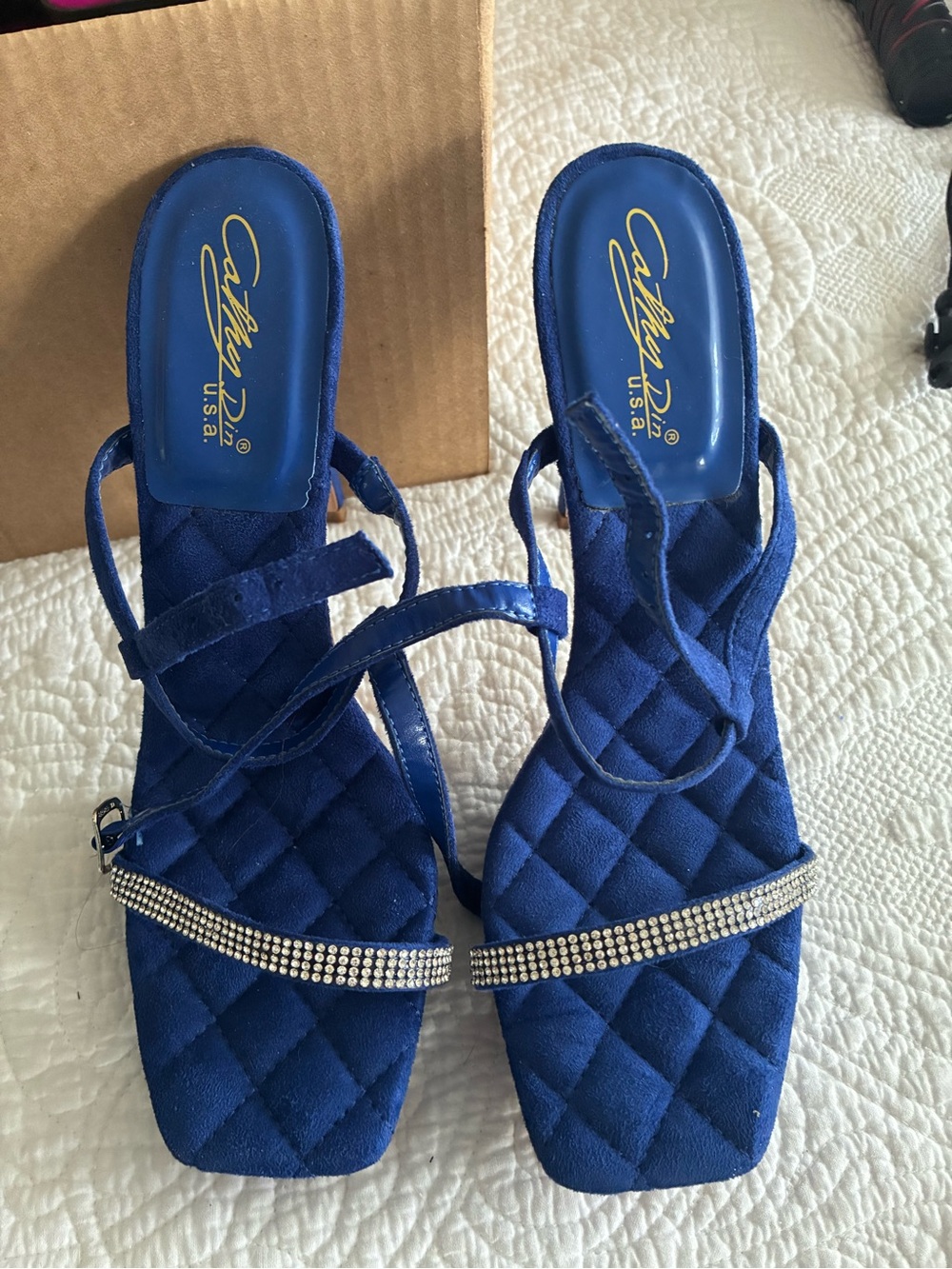 Cathy Doll Blue Quilted Rhinestone Strap Heels